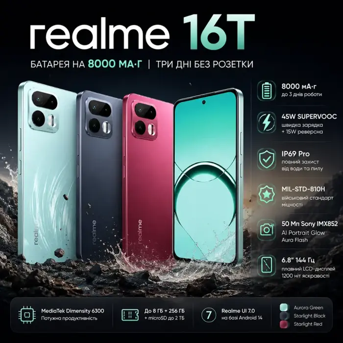 Офіційний анонс Realme 16T: Акумулятор-велетень, захист IP69K та софт від Sony