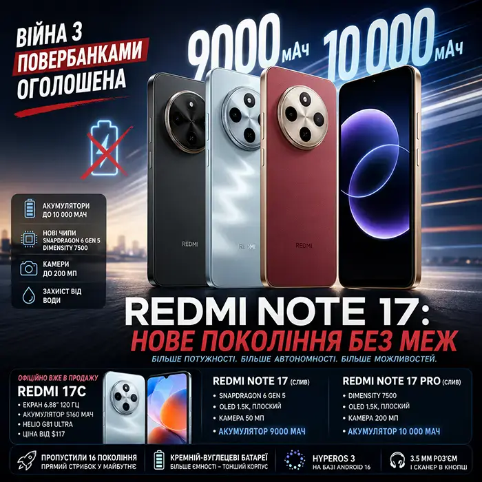 Стрибок через покоління та батареї-монстри: Xiaomi готує Redmi Note 17 і вже продає Redmi 17C