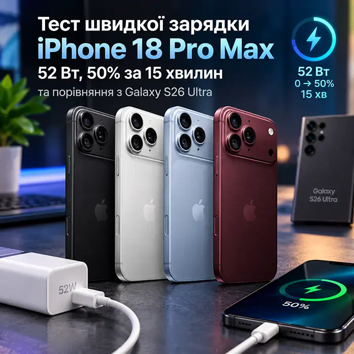 Найшвидша зарядка в історії Apple: як iPhone 18 Pro Max поповнює батарею до 52 Вт