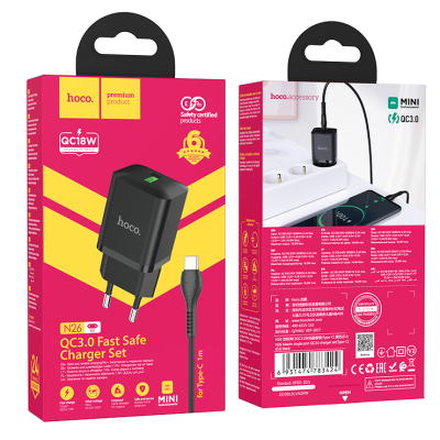 Мережевий зарядний пристрій Hoco N26 1USB/18W/QC 3.0 + Type-C Black, Чорний