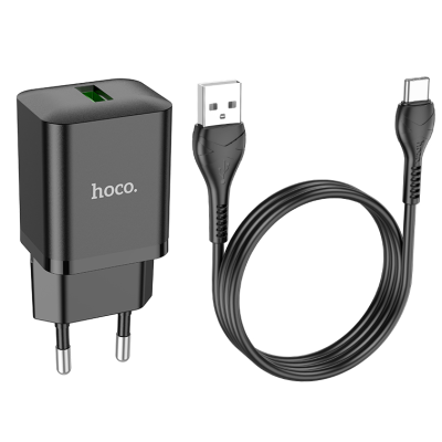 Мережевий зарядний пристрій Hoco N26 1USB/18W/QC 3.0 + Type-C Black, Чорний