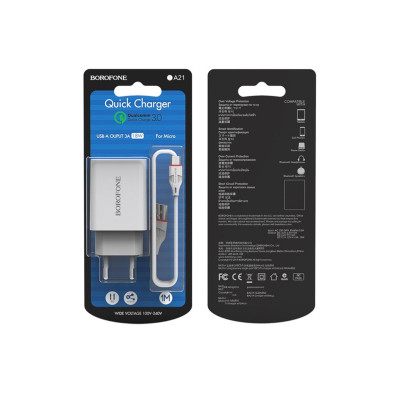 Мережевий зарядний пристрій Borofone 1USB BA21A microUSB QC3.0 White, Белый