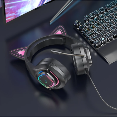 Накладні ігрові навушники-гарнітура з мікрофоном PC Hoco W107 Cute Cat Рожеві