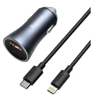 Автомобільний зарядний пристрій Baseus Golden Contactor 1USB+1PD + Кабель Type-C to Lightning QC 40w Grey, Сірий