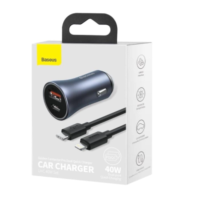 Автомобільний зарядний пристрій Baseus Golden Contactor 1USB+1PD + Кабель Type-C to Lightning QC 40w Grey, Сірий
