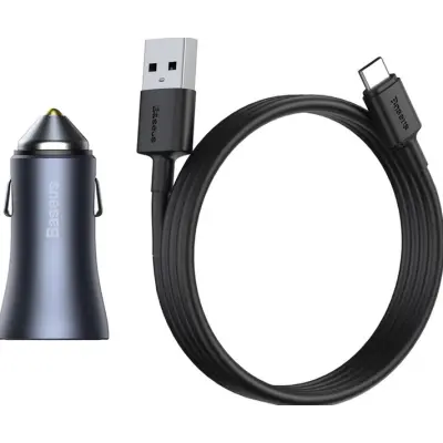 Автомобильное зарядное устройство Baseus Golden Contactor 2USB + Кабель Type-C QC 40w Dark grey, Темно-Серый