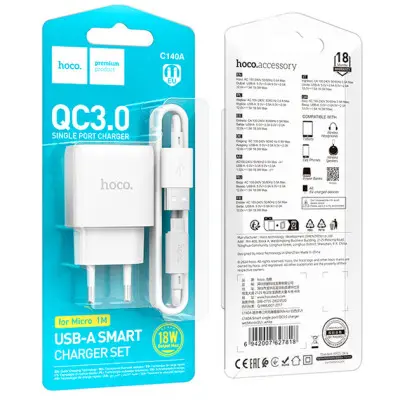 Сетевое зарядное устройство Hoco C140A 1USB/18W/QC 3.0 + MicroUSB White, Белый