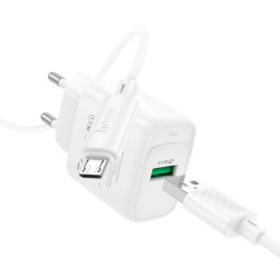 Мережевий зарядний пристрій Hoco C140A 1USB/18W/QC 3.0 + MicroUSB White, Білий