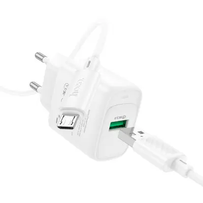 Сетевое зарядное устройство Hoco C140A 1USB/18W/QC 3.0 + MicroUSB White, Белый