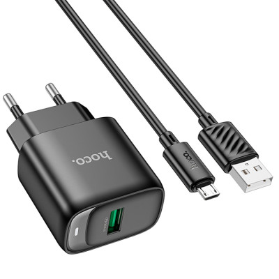 Мережевий зарядний пристрій Hoco C140A 1USB/18W/QC 3.0 + MicroUSB White, Чорна