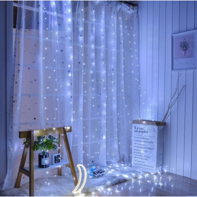 Гирлянда-штора на батарейках + USB, 2×2 м, белая