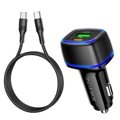 Автомобільний зарядний пристрій Borofone BZ14 1USB-A+1USB-C 20W+Q.C3.0 + Кабель Type-C to Type-C Black, Чорний