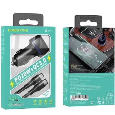 Автомобильное зарядное устройство Borofone BZ14 1USB-A+1USB-C 20W+Q.C3.0 + Кабель Type-C to Type-C Black, Чёрный