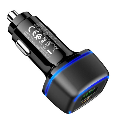 Автомобільний зарядний пристрій Borofone BZ14 1USB-A+1USB-C 20W+Q.C3.0 Black, Чорний