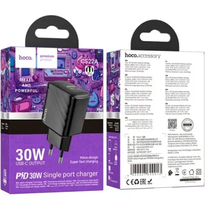 Мережевий зарядний пристрій Hoco CS22A USB-C (30W) Black, Чорний