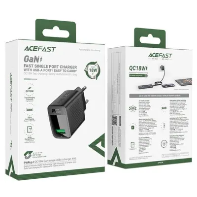 Мережевий зарядний пристрій Acefast A90 18W QC3.0 USB-A Black, Чорний