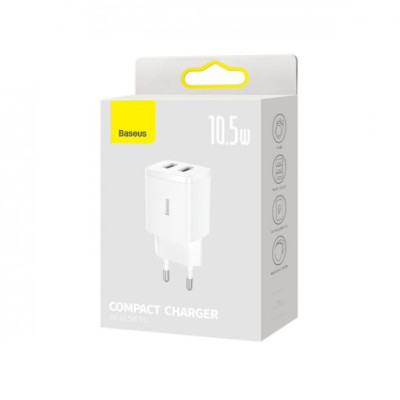 Сетевое зарядное устройство Baseus Compact 10.5W 2USB White, Белый