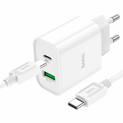 Сетевое зарядное устройство  Hoco C80A Plus Type-C Q.C.3.0 + Кабель Type-C Cable White, Белый