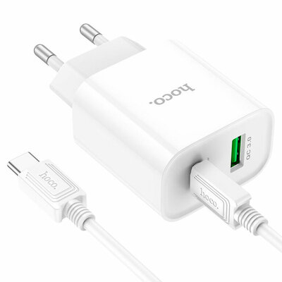 Сетевое зарядное устройство  Hoco C80A Plus Type-C Q.C.3.0 + Кабель Type-C Cable White, Белый