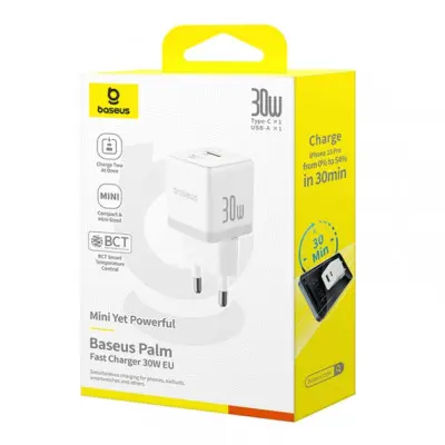 Сетевое зарядное устройство Baseus Palmi 1PD+1USB 30W White, Белый