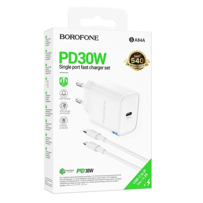 МЗП Borofone BA84A USB-C 30W + Type-C to Lighting Білий