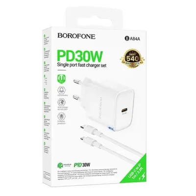 МЗП Borofone BA84A USB-C 30W + Type-C to Lighting Білий