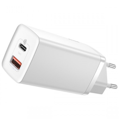 Мережевий зарядний пристрій Baseus GaN2 Lite USB-C+USB-A (65W) White, Білий