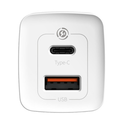 Мережевий зарядний пристрій Baseus GaN2 Lite USB-C+USB-A (65W) White, Білий