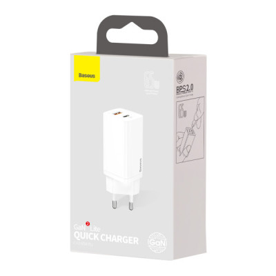 Мережевий зарядний пристрій Baseus GaN2 Lite USB-C+USB-A (65W) White, Білий