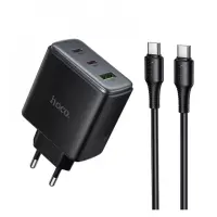 Мережевий зарядний пристрій Hoco N63 USB-C+USB-A 30W + Кабель Type-C to Type-C Black, Чорний
