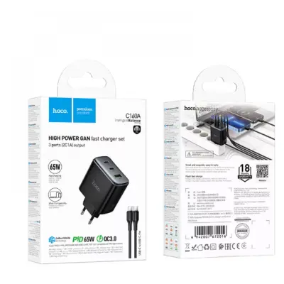 Мережевий зарядний пристрій Hoco N63 USB-C+USB-A 30W + Кабель Type-C to Type-C Black, Чорний