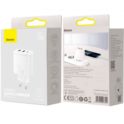 Сетевое зарядное устройство Baseus 2USB+1USB-C Compact 30W White, Белый