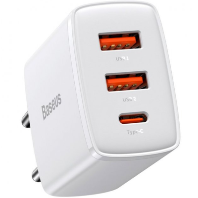 Сетевое зарядное устройство Baseus 2USB+1USB-C Compact 30W White, Белый