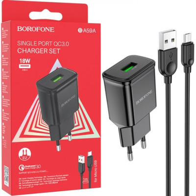 Мережевий зарядний пристрій Borofone BA59A microUSB QC3.0 Чорний