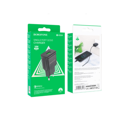 Мережевий зарядний пристрій Borofone USB BA59A QC3.0 Black, Чорний