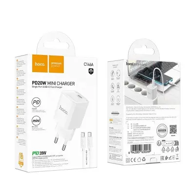 Мережевий зарядний пристрій Hoco C146A 1USB-C 20W + Type-C to Type-C White, Білий Мережевий зарядний пристрій Hoco C146A 1USB-C 20W + Type-C to Type-C White, Білий