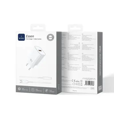Мережевий зарядний пристрій Wiwu Essen GaN 18W USB-A+ Lightning cable Білий Мережевий зарядний пристрій Wiwu Essen GaN 18W USB-A+ Lightning cable Білий