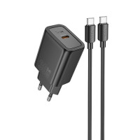 Мережевий зарядний пристрій Hoco N62 1USB-C 30W + Кабель Type-C to Type-C Black, Чорний