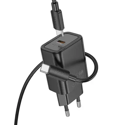 Мережевий зарядний пристрій Hoco N62 1USB-C 30W + Кабель Type-C to Type-C Black, Чорний