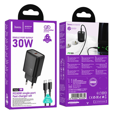 Сетевое зарядное устройство Hoco N62 1USB-C 30W + Кабель Type-C to Type-C Black, Черный