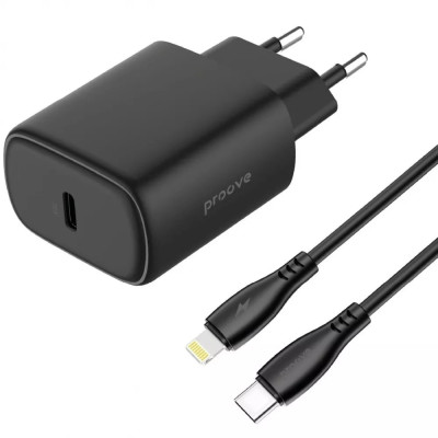 Сетевое зарядное устройство Proove Silicone Power 20W PD + Type-C to Lightning Black, Чёрный