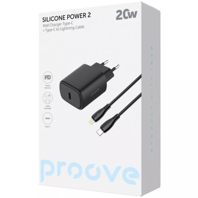 Сетевое зарядное устройство Proove Silicone Power 20W PD + Type-C to Lightning Black, Чёрный