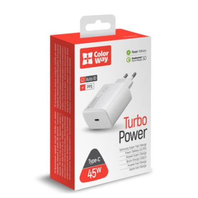 Мережевий зарядний пристрій Colorway CW-CHS034PD-WT PD Port PPS (45W) White, Білий