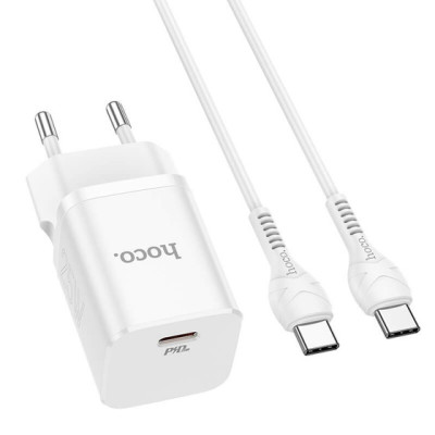 Мережевий зарядний пристрій Hoco N19 PD 25W + Кабель Type-C to Type-C White, Білий