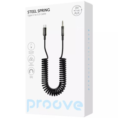 Кабель AUX Proove Steel Spring 1м Чорний (3.5 male to Type-C)