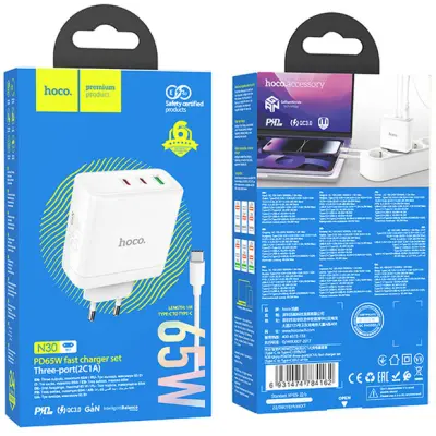 Сетевое зарядное устройство Hoco N30 65W 1USB+ 2USB-С + Кабель Type-C to Type-C White, Белый Сетевое зарядное устройство Hoco N30 65W 1USB+ 2USB-С + Кабель Type-C to Type-C White, Белый