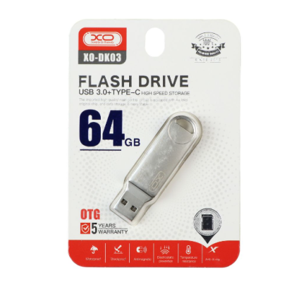 Флеш пам\'ять USB 64Gb XO DK03 USB3.0+Type-C Silver, Срібний