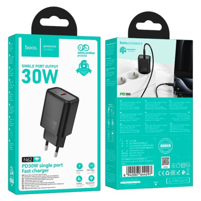Мережевий зарядний пристрій Hoco N62 PD (30W) Black, Чорний