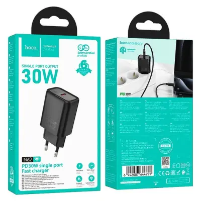 Мережевий зарядний пристрій Hoco N62 PD (30W) Black, Чорний