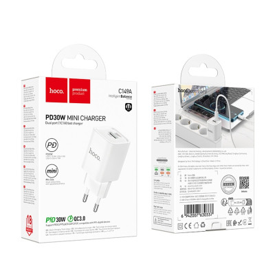 Сетевое зарядное устройство Hoco C149A Charm PD30W+QC3.0 (30W) White, Белый